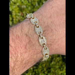 14k Gold Real 925 Sterling Silver Mens Iced Puffed Gucci Link Bracelet Diamond